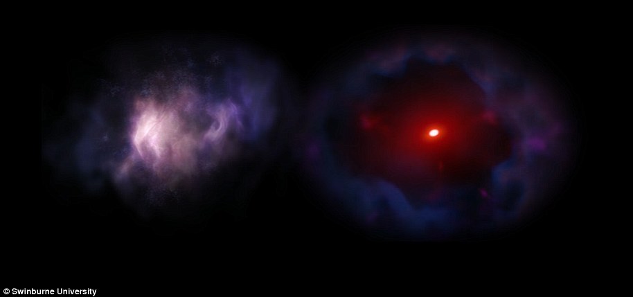 スターバースト銀河としても知られる残忍な銀河は、今日の世界の天の川のような巨大な銀河の前身であると信じられています。 この画像は、2017年に発見されたモンスター銀河ZF-COSMOS-20115のアーティストの印象です。