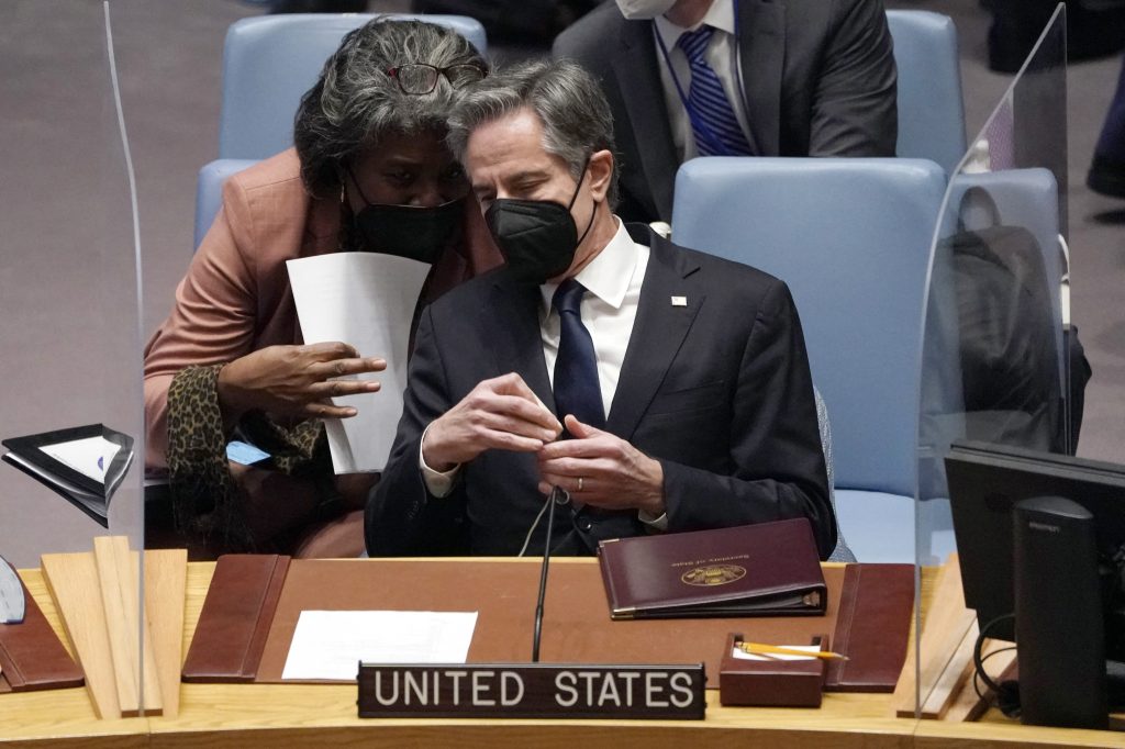 US Secretary of State Antony Blinken and US Ambassador to the UN Linda Thomas-Greenfield at the UN in New York on February 17.