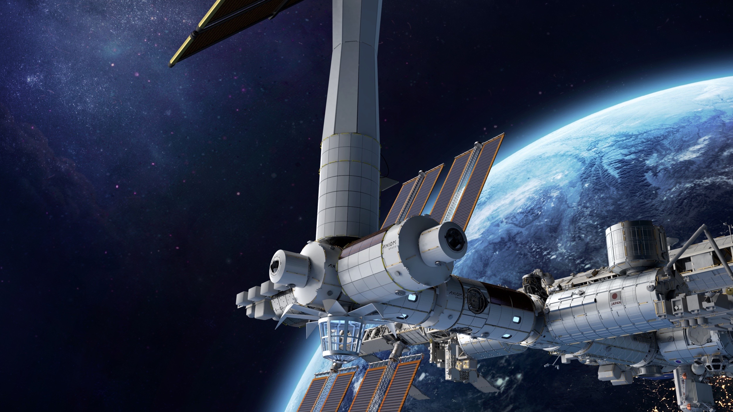 ヒューストンに本拠を置くアクシアムスペースが地球軌道に建設する予定の宇宙ステーションのアーティストによるイラスト。