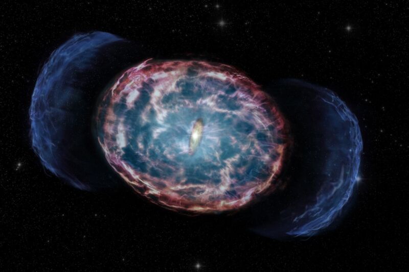 ブラックホールを形成するための2つの中性子星の融合の芸術的表現（画像の中央の明るい膨らみの中に隠されています）。 合併により、星の周りの物質を加熱する反対の高エネルギーの物質ジェット（青）が生成され、星にX線（赤みがかった雲）が放出されます。 