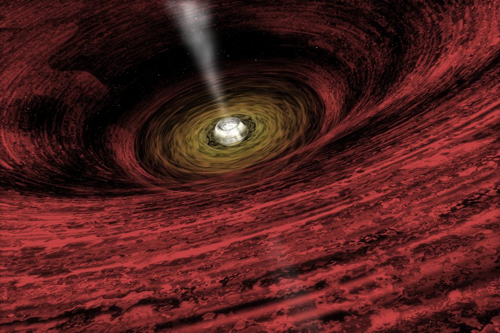 An artist's impression of a growing supermassive black hole located in the early Universe is seen in this NASA handout illustration released on June 15, 2011. Using the deepest X-ray image ever taken, astronomers found the first direct evidence that massive black holes were common in the early universe. This discovery from NASA's Chandra X-Ray Observatory shows that very young black holes grew more aggressively than previously thought, in tandem with the growth of their host galaxies. REUTERS/NASA/Chandra X-Ray Observatory/A.Hobart/Handout  (UNITED STATES - Tags: SCI TECH) FOR EDITORIAL USE ONLY. NOT FOR SALE FOR MARKETING OR ADVERTISING CAMPAIGNS. THIS IMAGE HAS BEEN SUPPLIED BY A THIRD PARTY. IT IS DISTRIBUTED, EXACTLY AS RECEIVED BY REUTERS, AS A SERVICE TO CLIENTS