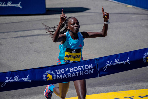 Peres Jepchirchir of Kenya win's the womens elite race at the 126th Boston Marathon.