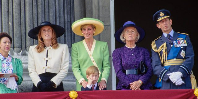 マーガレット王女、サラ、ダイアナ妃とハリー王子、キャサリン、ケント公爵夫人、エドワード王子が王室の一員として通り過ぎるのを眺めています。 ハリー王子は母親と一緒に立っていました。