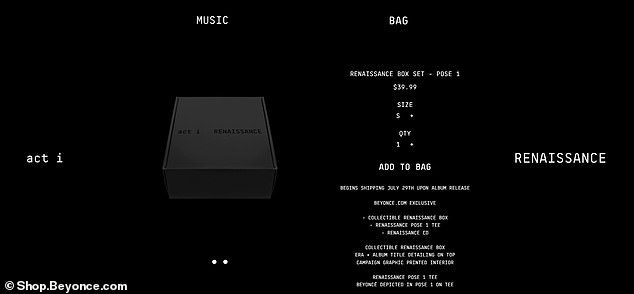 写真は後日公開されます！ ビヨンセのファンは、39.99ドルの4つのルネッサンスボックスセットを事前注文できるようになりました。これには、さまざまなミステリーバリエーションがあり、Tシャツ、CD、28ページのパンフレット、ミニポスターが含まれています。