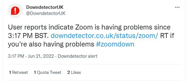 Downdetector UKは、Zoomが公式Twitterアカウントで問題を抱えているというニュースをツイートしました。