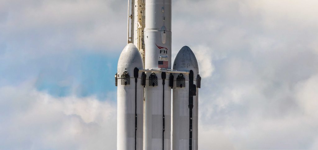 Falcon Heavy Flight 2. The booster in the middle - B1055 - was effectively sheared in half after tipping over aboard drone ship OCISLY. (Pauline Acalin)