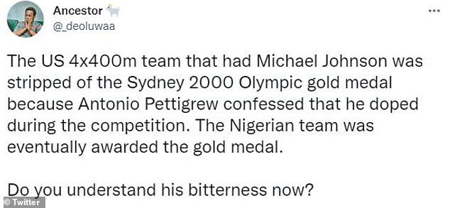 あるTwitterユーザーは、2000年に米国が4x100mオリンピックのタイトルを剥奪され、ナイジェリアが代わりに金メダルを獲得した後、ジョンソンは復讐を求めていた可能性があると主張しました。