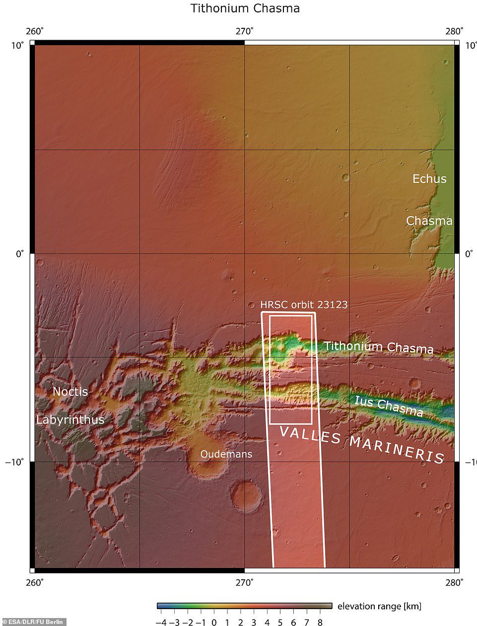 LusとTithoniumChasmataが上に表示されています。 濃い白のボックスで囲まれた領域は、軌道上で2022年4月21日にマーズエクスプレス高解像度ステレオカメラによって画像化された領域を示しています。