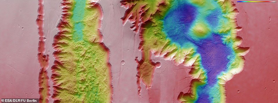 上の写真：ESAのマーズエクスプレスによって収集されたデータから作成された、火星のマリネリス峡谷構造の一部を形成するIusとTithoniumChasmataを示す色分けされた地形画像。