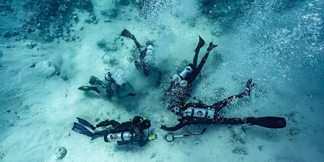バハマの難破船の海底に埋もれた宝物を探すダイバーの姿が映し出されています。