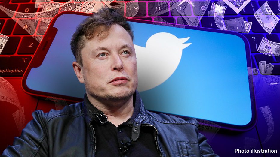 イーロン・マスクは、背後にTwitterのロゴが入った電話が付いたジャケットを着ています