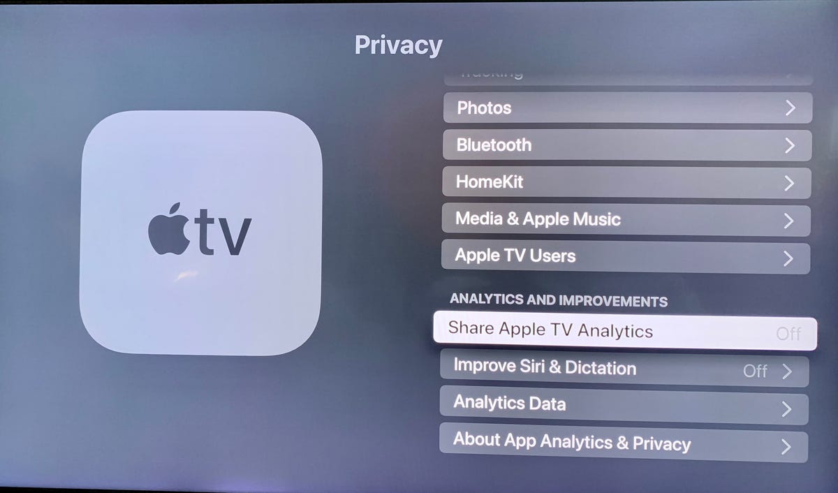 Share Apple TV Analytics を Off に設定した Apple TV のプライバシー設定
