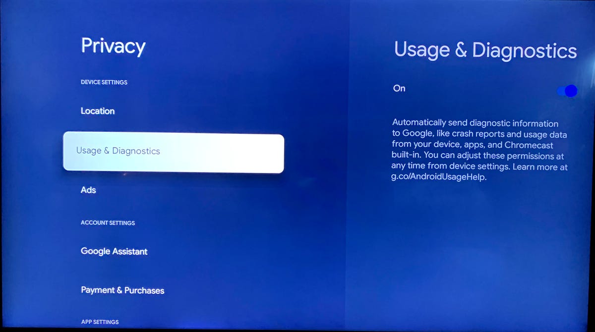 [使用状況と診断]が[オン]に設定されている Chromecast のプライバシー設定