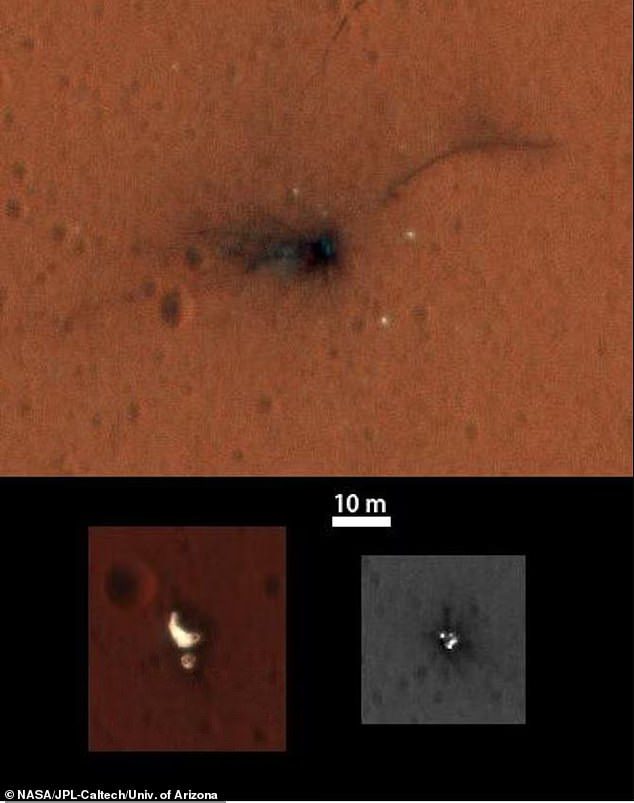 火星の表面には、火星 3 探査機、火星 6 探査機、バイキング 1 着陸船、バイキング 2 探査機、ソジャーナ ローバー、欧州宇宙機関のスキアパレリ探査機 (写真)、フェニックス探査機、スピリット。 ローバーとローバーの機会