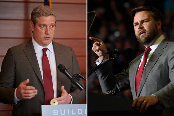 Representative Tim Ryan, left, and J.D. Vance. The two Senate candidates took part in a debate on Monday night.
