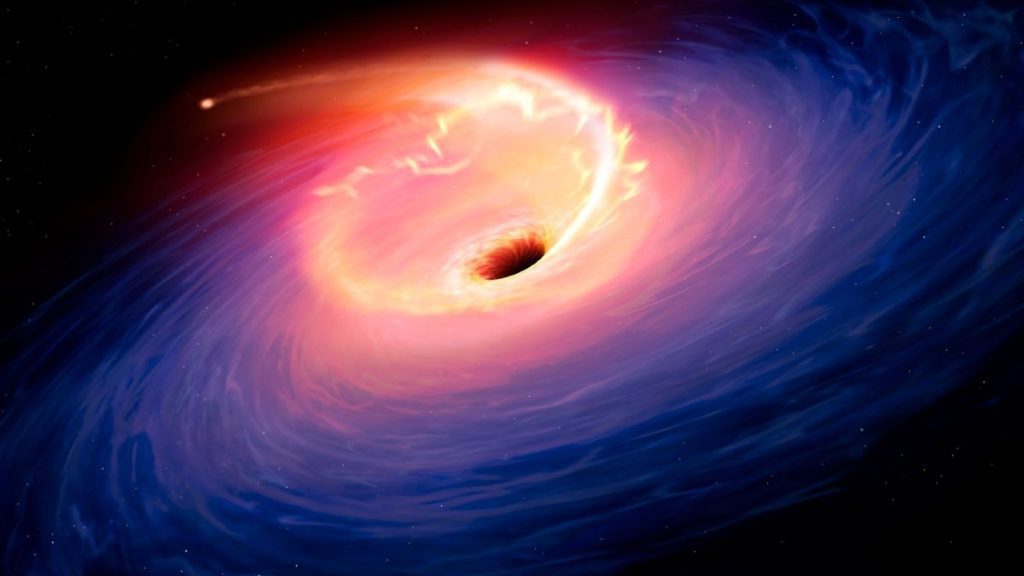 rtwork depicting a tidal disruption event (TDE). TDEs are causes when a star passes close to a supermassive black hole and get torn apart by the gravity of the latter. The debris forms a fan-shaped pattern around the black hole before eventually falling in.