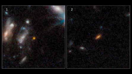 遠方の銀河の画像が並んでおり、宇宙の暗さに対して赤みを帯びたぼやけた楕円形として表示されます