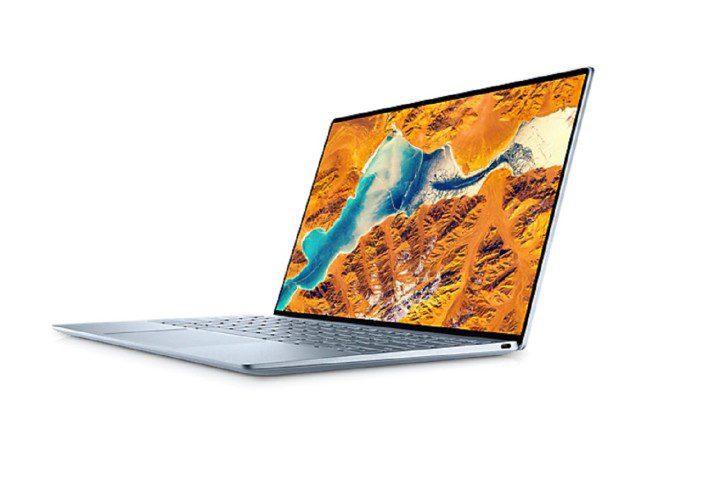 白い背景にある Dell XPS 13 ラップトップの側面図。