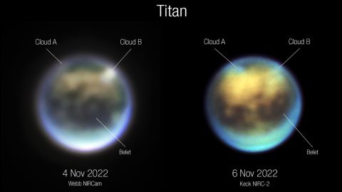 天文学者は、Webb (左) と Keck のタイタンの画像を比較して、雲がどのように進化したかを確認しました。 雲Aは回転して見え、雲Bは消えて見える。