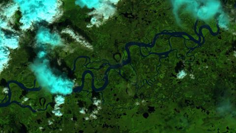SWOT からのデータは、これまで監視されていなかったアラスカの河川の水位と流量を測定するために USGS が開発したシステムを補完します。 ランドサット衛星が撮影したこの画像は、アラスカ州スティーブンズの村近くのユーコン川です。